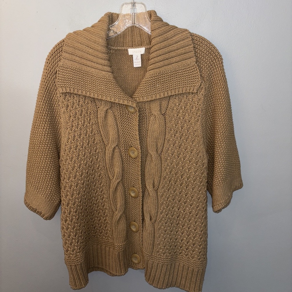 Chico's Chunky‎ Cable Knit Cardigan Short Sleeve Tan Women's Large Grandmacore